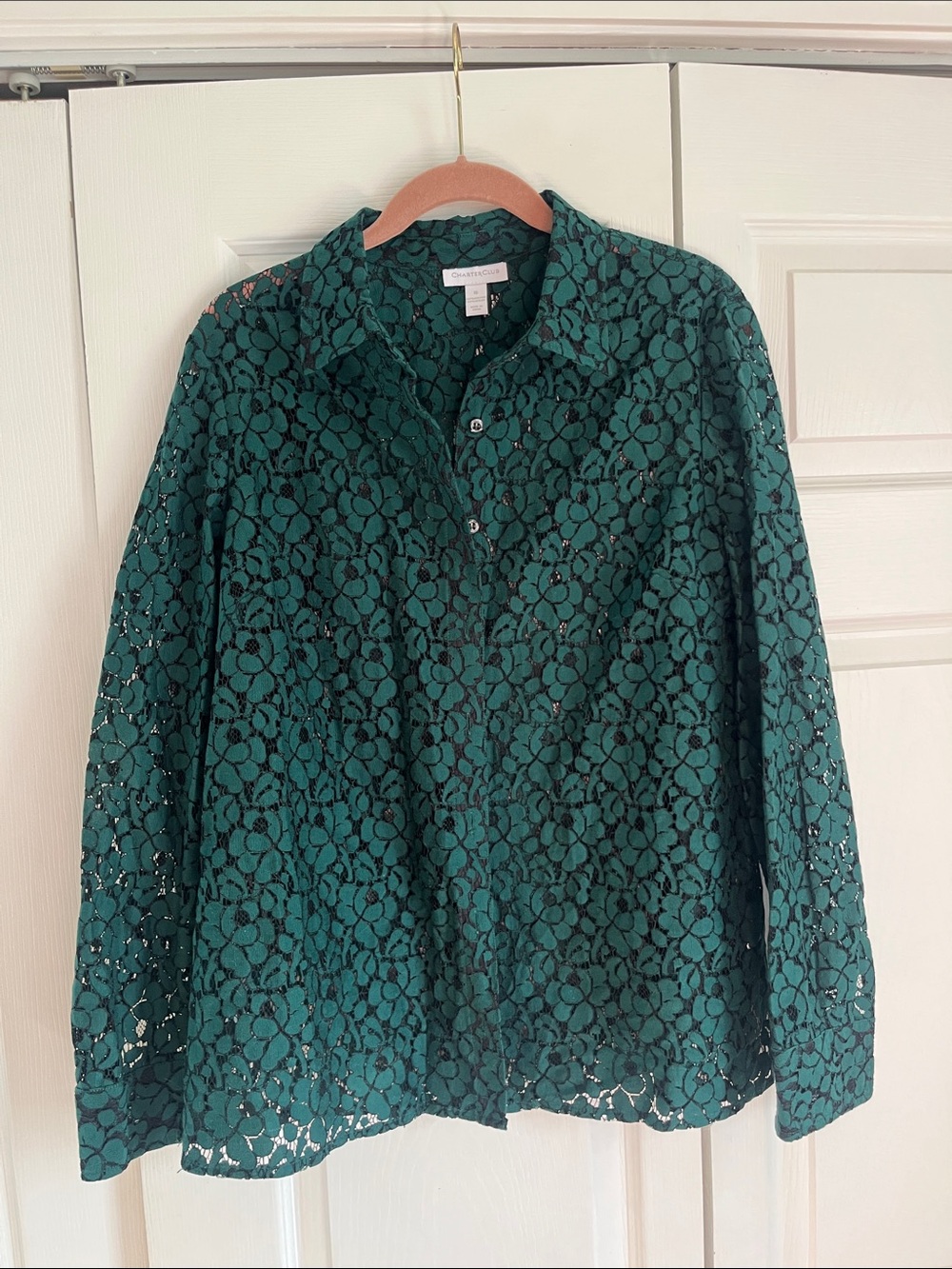 Charter Club Teal Lace Button-Up Blouse